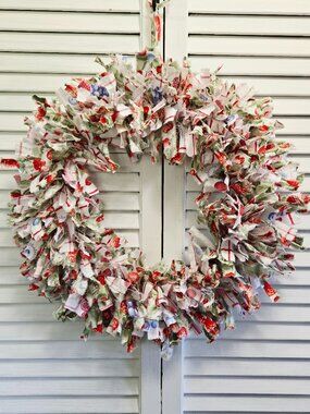 Hand Crafted Farmhouse Country Shabby Chic Fabric Rag Wreath Red & White Berry